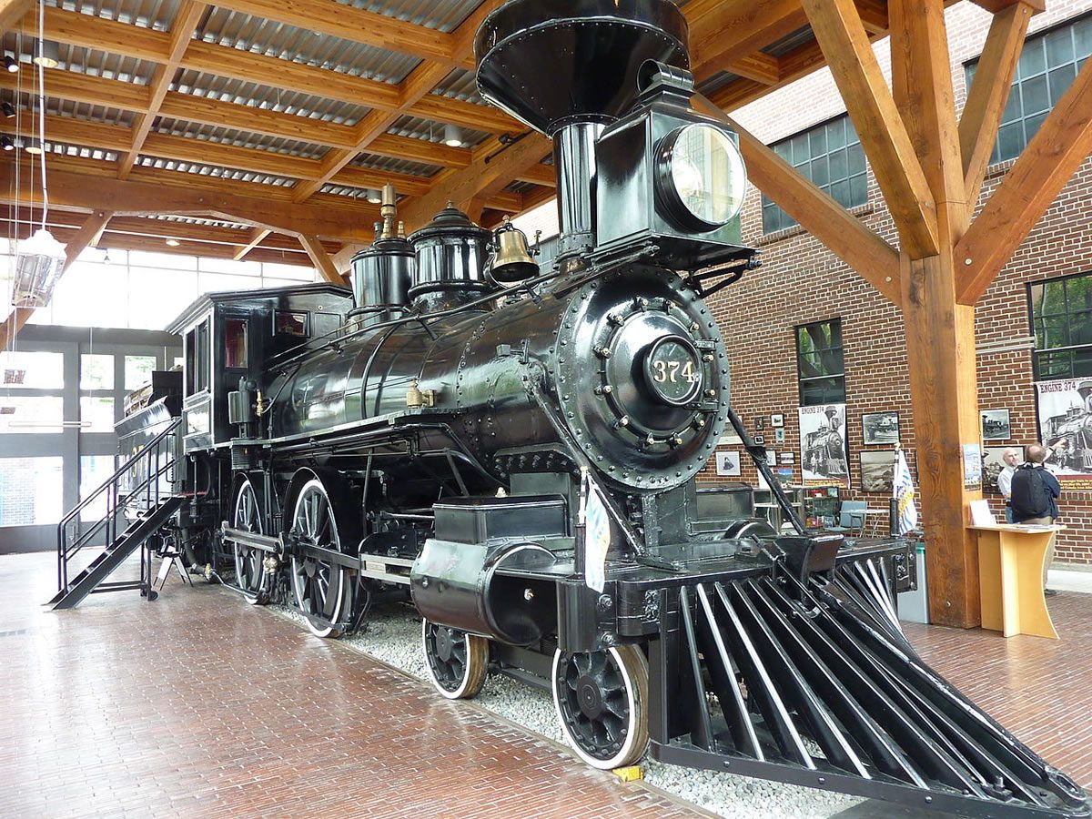 CPR engine No 374 was the first to pull a transcontinental passenger train to Vancouver. It is on display in Vancouver at the Engine 374 Pavilion and is open daily for public viewing