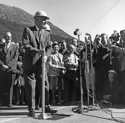 Prime Minister Diefenbaker at the opening ceremony of the Trans-Canada Highway, Rogers Pass, B.C. 1962.