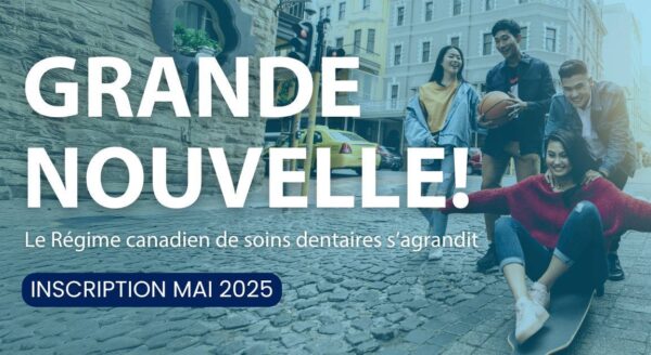 A group of four young adults is enjoying time outdoors, with one holding a basketball while another sits on a skateboard. The background features a charming street scene. Prominent text announces exciting news about a Canadian dental care program, inviting registration for May 2025.