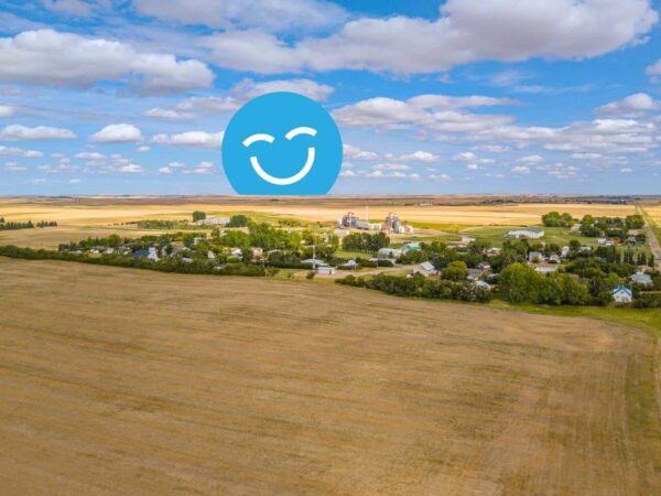 Aerial view of a small rural community surrounded by expansive fields and blue sky. A large blue smiley face icon appears in the sky above the town, suggesting a cheerful atmosphere.