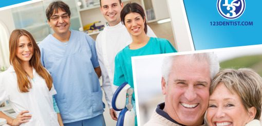 A diverse dental team stands together in a cheerful clinic setting, showcasing smiles and professionalism. In the foreground, a happy older couple displays bright smiles, emphasizing the importance of dental care. The image promotes a welcoming environment for patients.