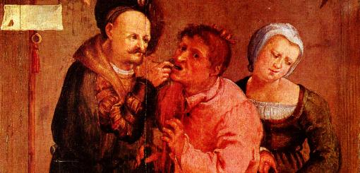 A historical painting depicting three figures: a man with a beard and robe, another man in a pink tunic, and a woman in a green dress. The scene suggests a conversation or interaction, with expressions conveying emotions of concern and engagement.