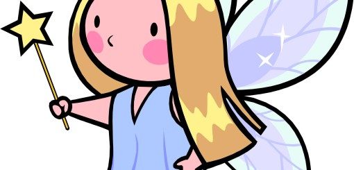 A cartoon fairy with long blonde hair, wearing a light blue dress, holds a sparkling wand. She has large, translucent wings and a cheerful expression, embodying a whimsical, magical spirit.