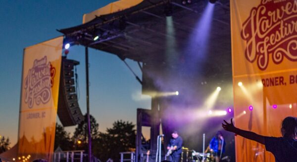 A lively concert scene at the Harvest Festival features a band performing on stage illuminated by colorful lights, with an audience enjoying the music under a twilight sky. Large banners display the festival name.