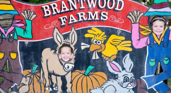 A colorful farm-themed sign depicting cartoon characters, including a donkey, bunny, and a chicken, with two children poking their heads through openings. The sign reads "Brantwood Farms."