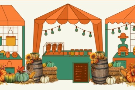A colorful illustration of a fall market featuring three stalls with orange canopies, decorated with pumpkins, sunflowers, and hay bales. One stall displays jars and seasonal produce, creating a festive autumn atmosphere.