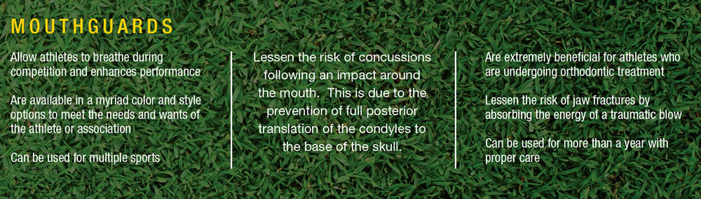 An informational graphic on mouthguards highlighting their importance in reducing concussions and protecting teeth during sports. It emphasizes the prevention of injuries and suggests consulting professionals for the best fit. The background features a textured green surface resembling grass.