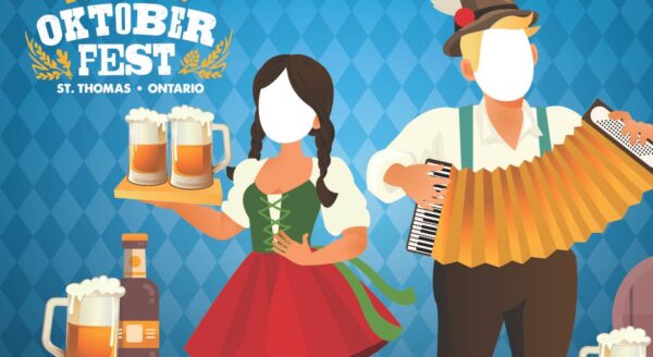 A festive illustration for Downtown Oktoberfest in St. Thomas, Ontario, featuring two characters in traditional attire. One holds beer mugs while the other plays an accordion, set against a blue diamond-patterned background.