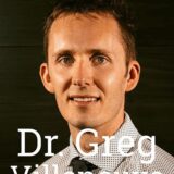 A smiling man with short hair, dressed in a collared shirt and tie, is pictured against a dark background. Text overlay reads "Dr. Greg Villeneuve."