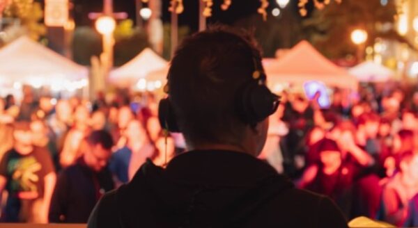 A DJ performs in front of a vibrant crowd at a night event, with colorful lights illuminating the scene and tents in the background. The audience appears engaged and energetic, creating a lively atmosphere.