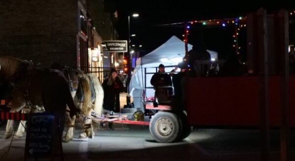A horse-drawn cart is parked at night, illuminated by festive lights. People are nearby, engaging with the scene, while a white tent stands in the background, hinting at a festive or community event.