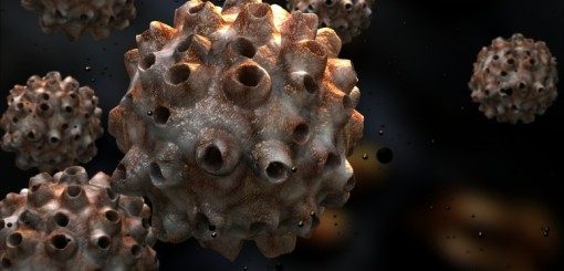 A close-up, 3D rendering of spherical virus-like particles, featuring textured surfaces with protruding spikes. The background is dark, enhancing the focus on the intricate details of the particles.