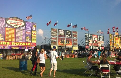 A lively outdoor festival scene featuring colorful vendor signs and flags, with people walking and enjoying the atmosphere on a grassy field.