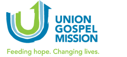 Logo of Union Gospel Mission with a green and blue stylized U and slogan "Feeding hope. Changing lives."