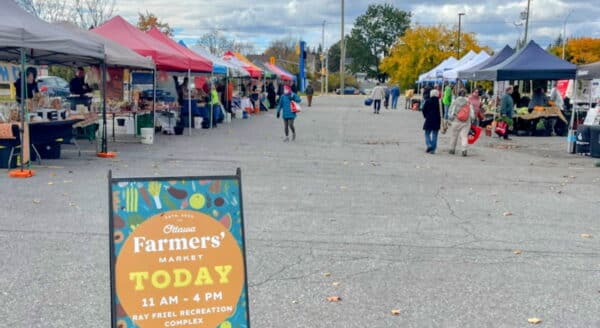 A vibrant farmers' market scene with colorful tents lining a paved area. People are browsing stalls, and a sign indicates the market is open today from 11 AM to 4 PM. Fall foliage is visible in the background, adding seasonal charm.