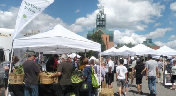 A bustling farmers' market with several white tents and vendors displaying fresh produce. Crowds of people are shopping, chatting, and enjoying a sunny day, with a clock tower visible in the background under a blue sky filled with clouds.