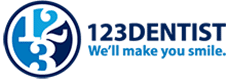 A blue smiley face, known as the 123Dentist Smiley, accompanies the logo of 123Dentist, which includes the text "We'll make you smile." The design emphasizes a friendly and inviting atmosphere related to dental care.
