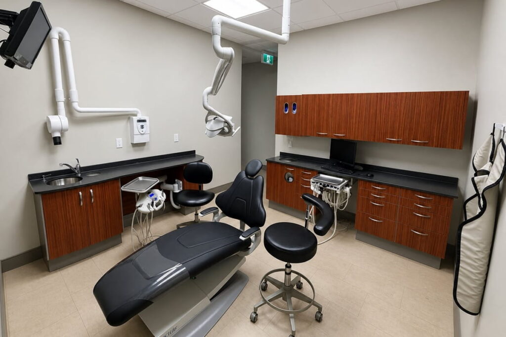 A modern dental examination room with a dentist chair, overhead light, and wooden cabinets.