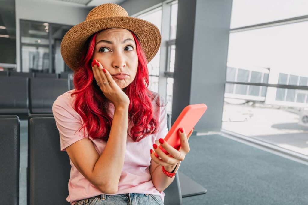 A woman with vibrant red hair wearing a straw hat sits in an airport terminal, looking concerned while holding a pink phone and resting her hand on her cheek.