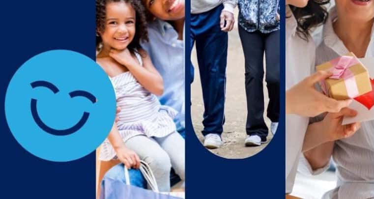 L'image présente le joyeux Smiley de 123Dentiste aux côtés de scènes vibrantes de familles profitant de moments ensemble, notamment une jeune fille avec son parent, des couples qui se promènent et une personne recevant un cadeau. Le thème général met l'accent sur la joie, la connexion et la communauté.