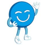 A friendly blue smiley face character, known as the 123Dentist Smiley, waves cheerfully with outstretched arms and a big smile, wearing sneakers.