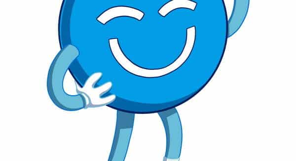 A friendly blue smiley face character, known as the 123Dentist Smiley, waves cheerfully with outstretched arms and a big smile, wearing sneakers.