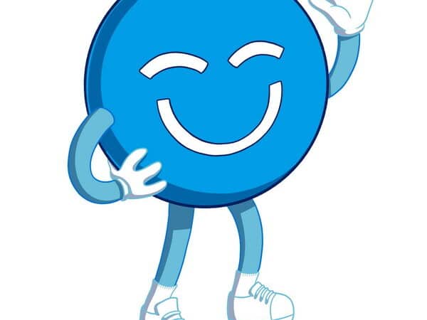 A friendly blue smiley face character, known as the 123Dentist Smiley, waves cheerfully with outstretched arms and a big smile, wearing sneakers.