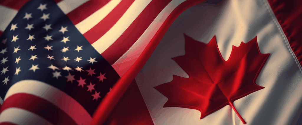 The image features the flags of the United States and Canada, draped together in a visually striking display, symbolizing friendship and cooperation between the two nations.