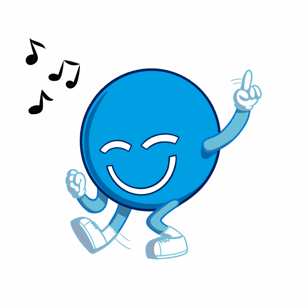 A cheerful blue smiley face with a playful expression, dancing and raising one finger joyfully. Musical notes are illustrated nearby, adding to the lively atmosphere. This engaging character represents a friendly and fun persona.