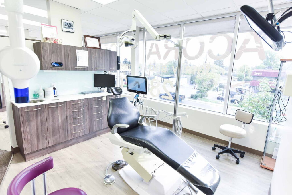 A bright and modern dental office with a comfortable chair, large windows, and dental equipment, creating a welcoming atmosphere.